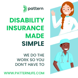 Square ad of two happy physicians for disability insurance from Pattern Life Insurance