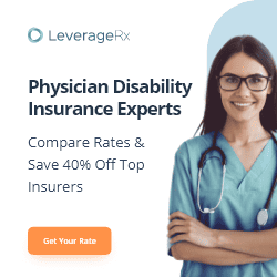 A female healthcare worker is happy in this square ad for physician disability insurance from LeverageRx